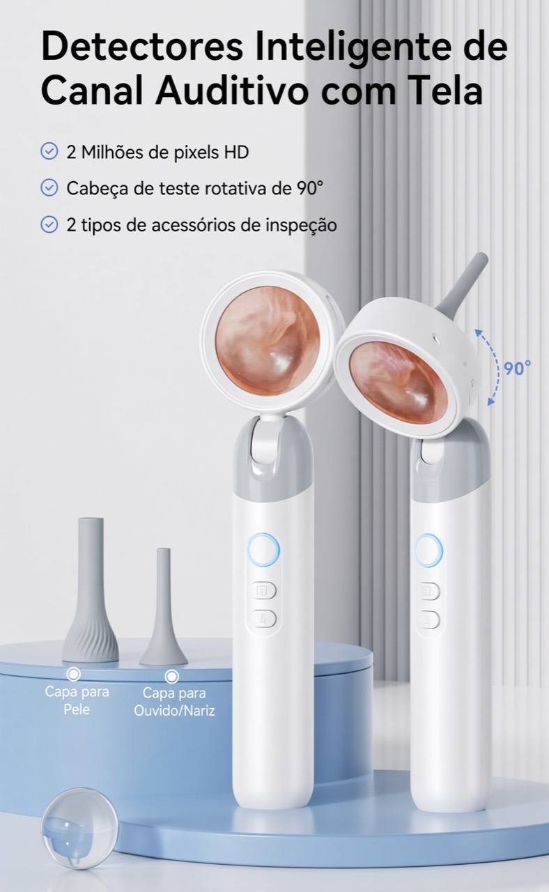Otoscópio TAZZI branco com tela, cabeça giratória e dois tipos de acessórios de inspeção