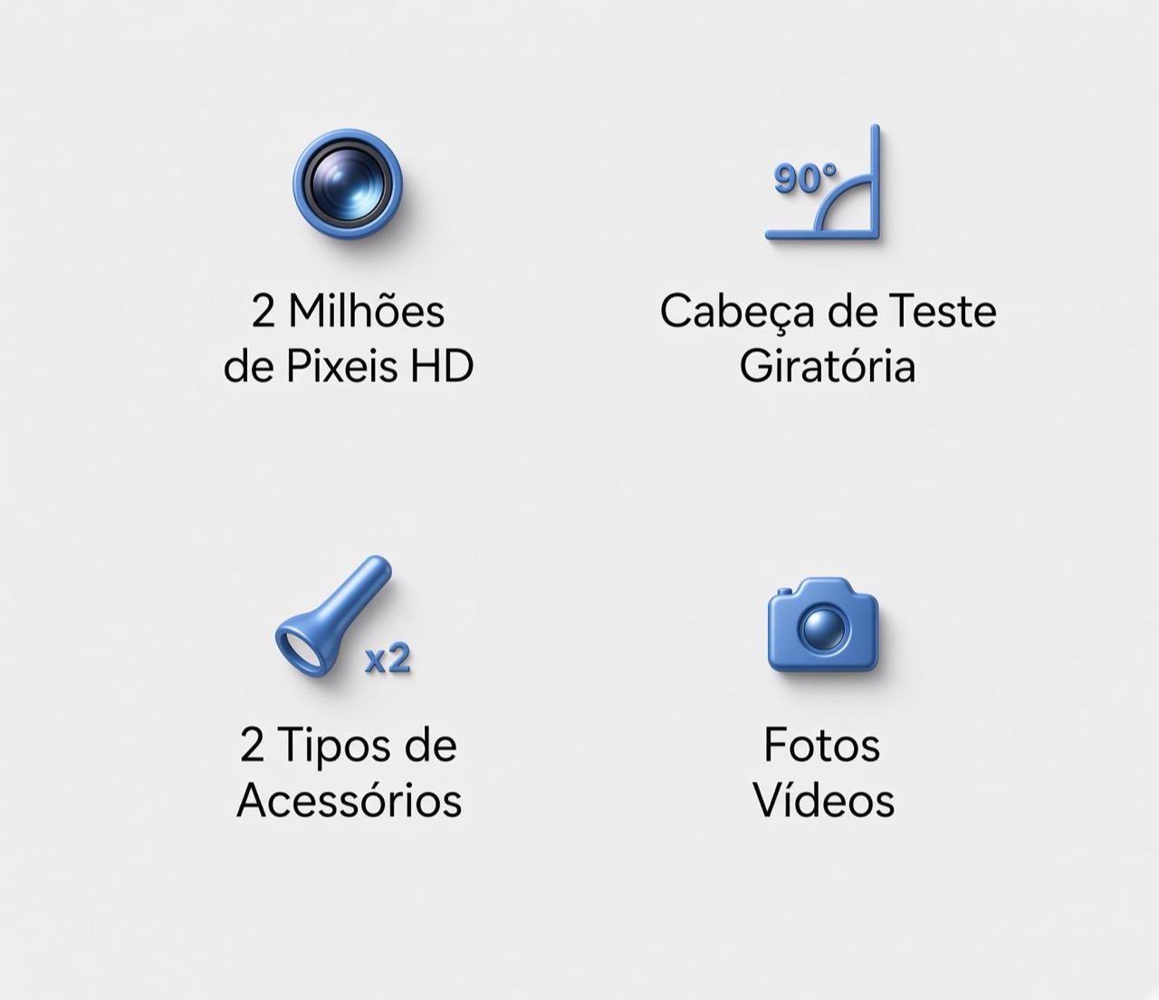 Resumo visual dos recursos do otoscópio TAZZI: câmera de 2 MP, cabeça giratória, acessórios, fotos e vídeos