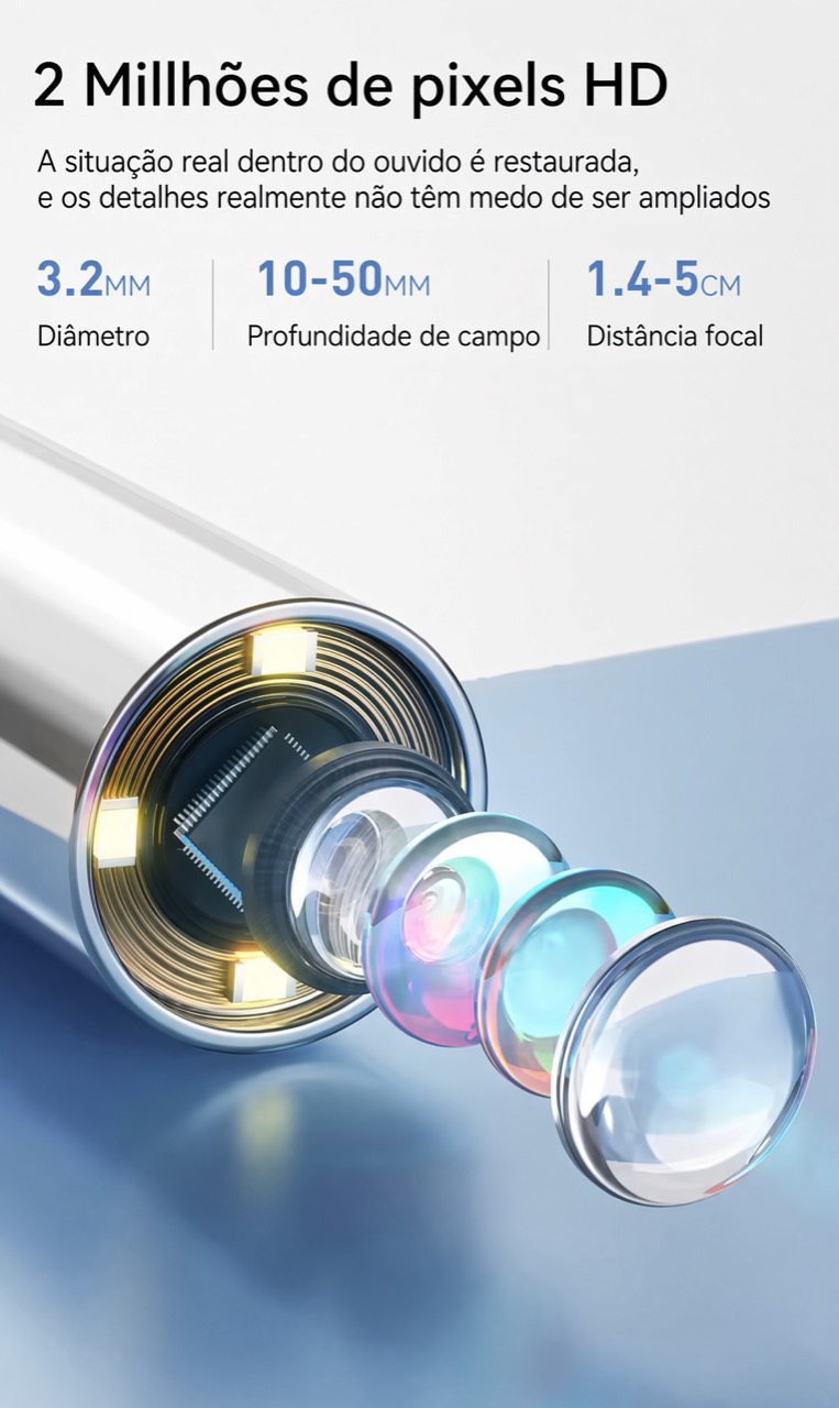 Detalhe ampliado da câmera de 2 MP do otoscópio TAZZI