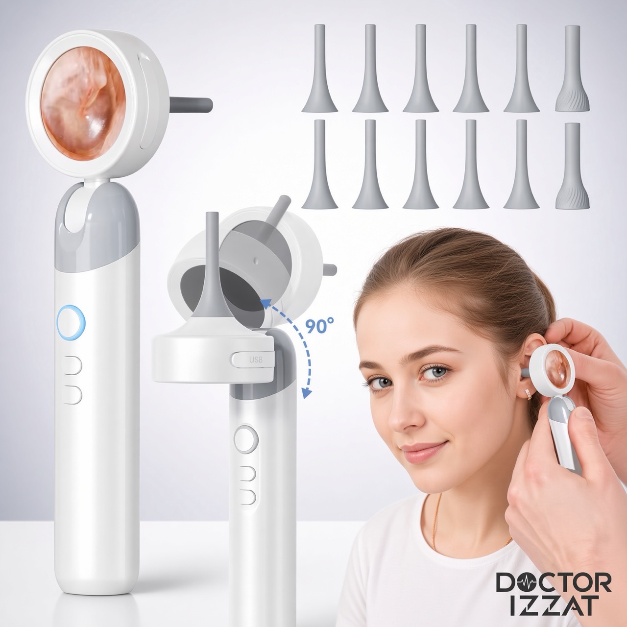Otoscópio TAZZI com cabeça giratória, acessórios e demonstração de uso auricular