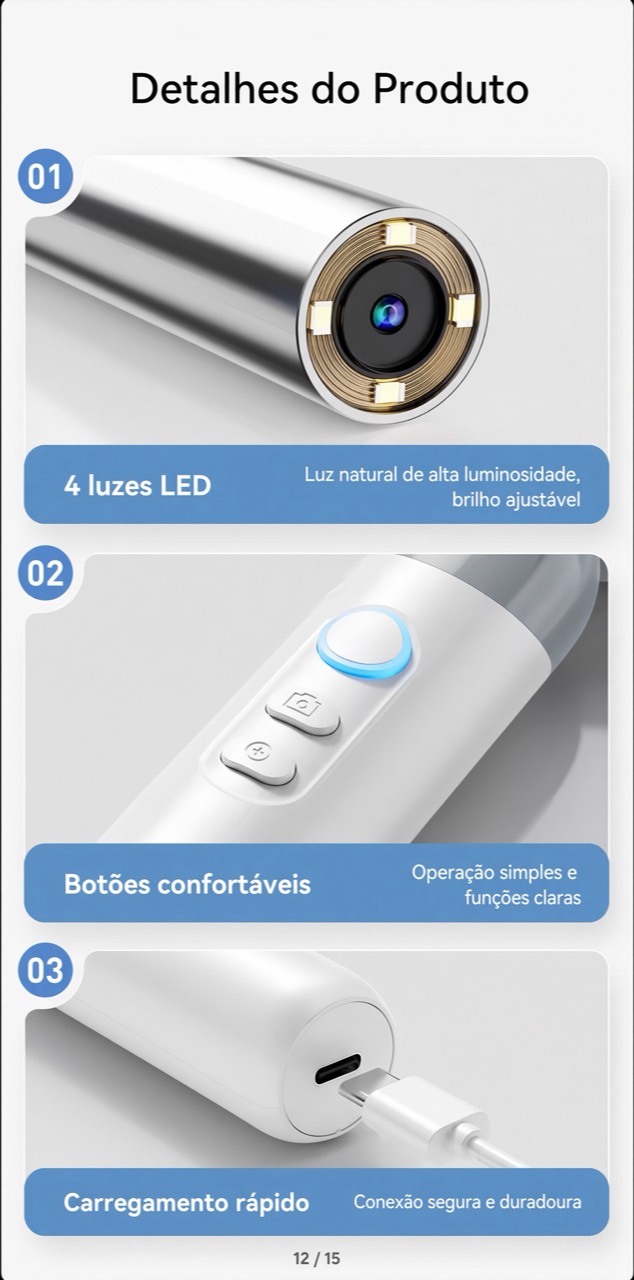 Detalhes dos LEDs, botões e conexão de recarga do otoscópio TAZZI