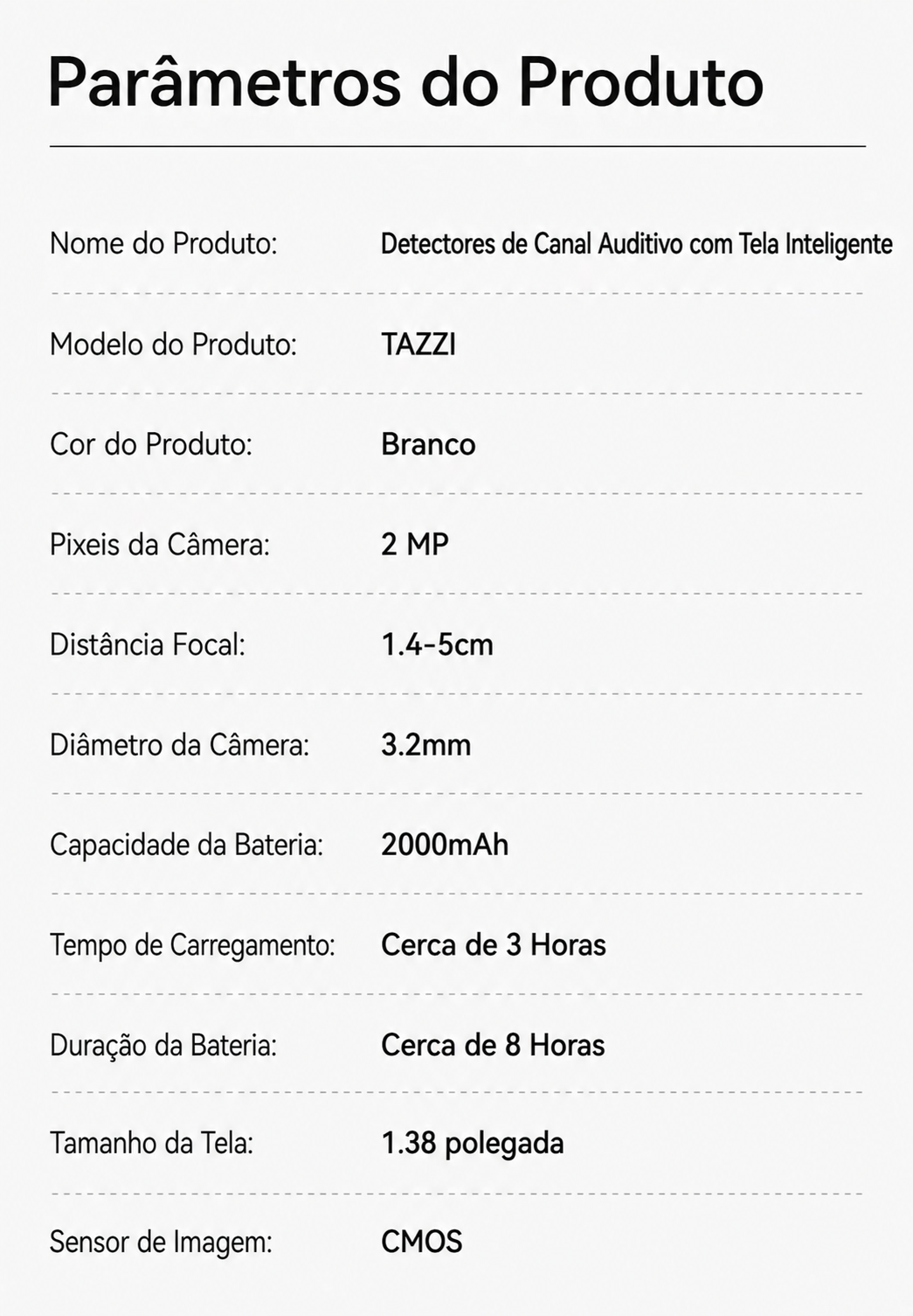 Tabela de parâmetros técnicos informados para o otoscópio TAZZI