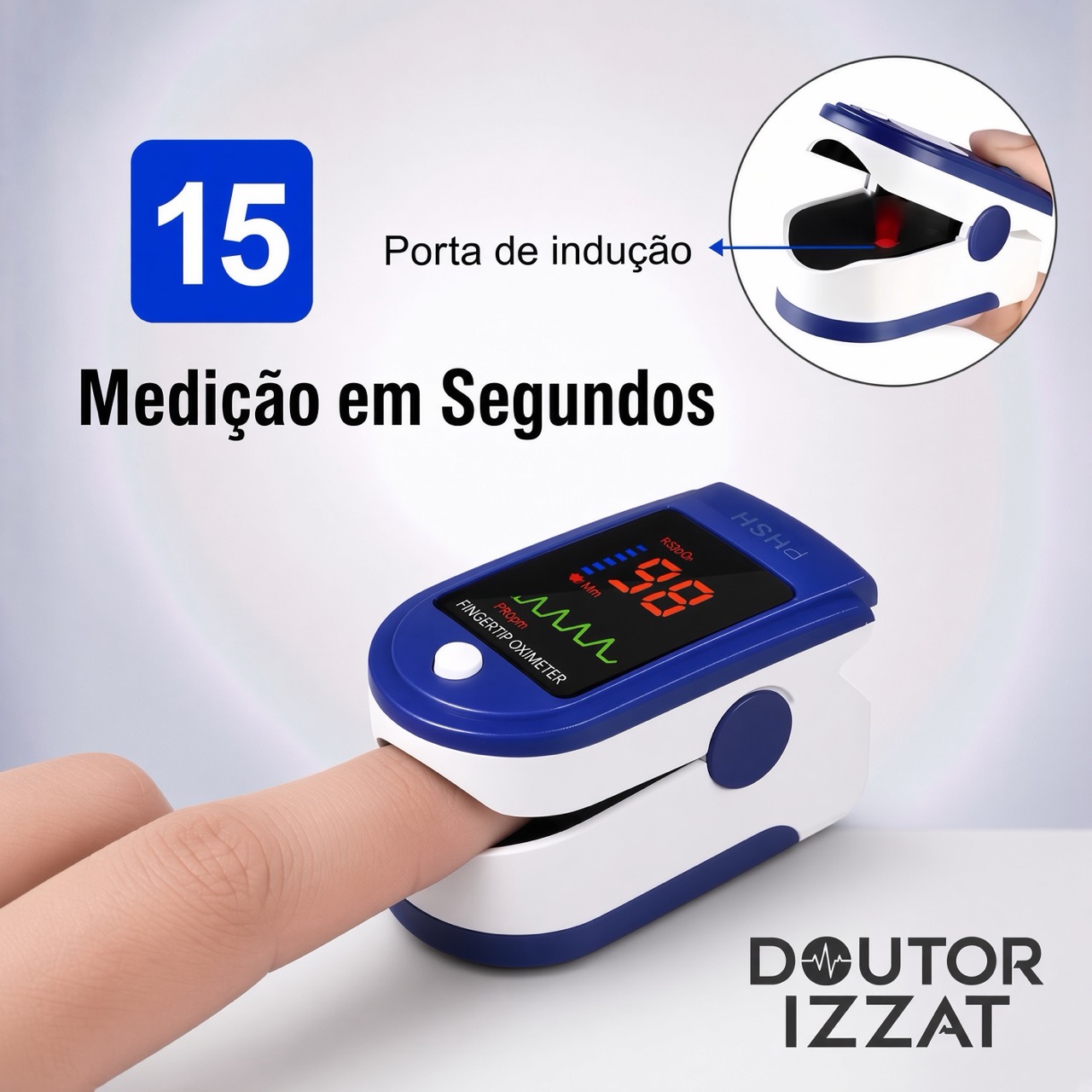 Oxímetro de pulso azul aplicado ao dedo durante a medição