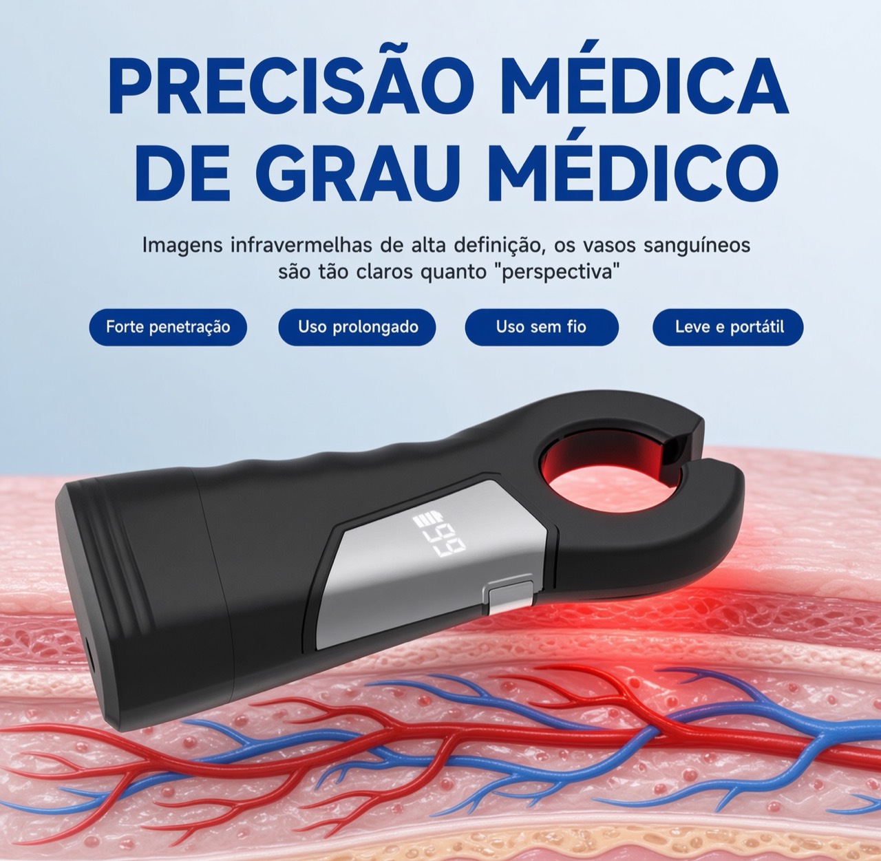 Fleboscópio sobre ilustração de vasos com destaque para precisão médica