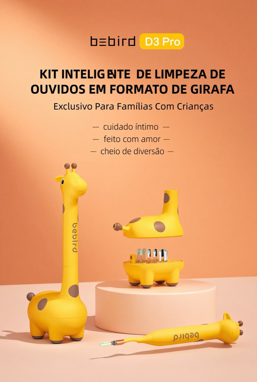 Apresentação do kit infantil amarelo em formato de girafa com aplicador e estojo