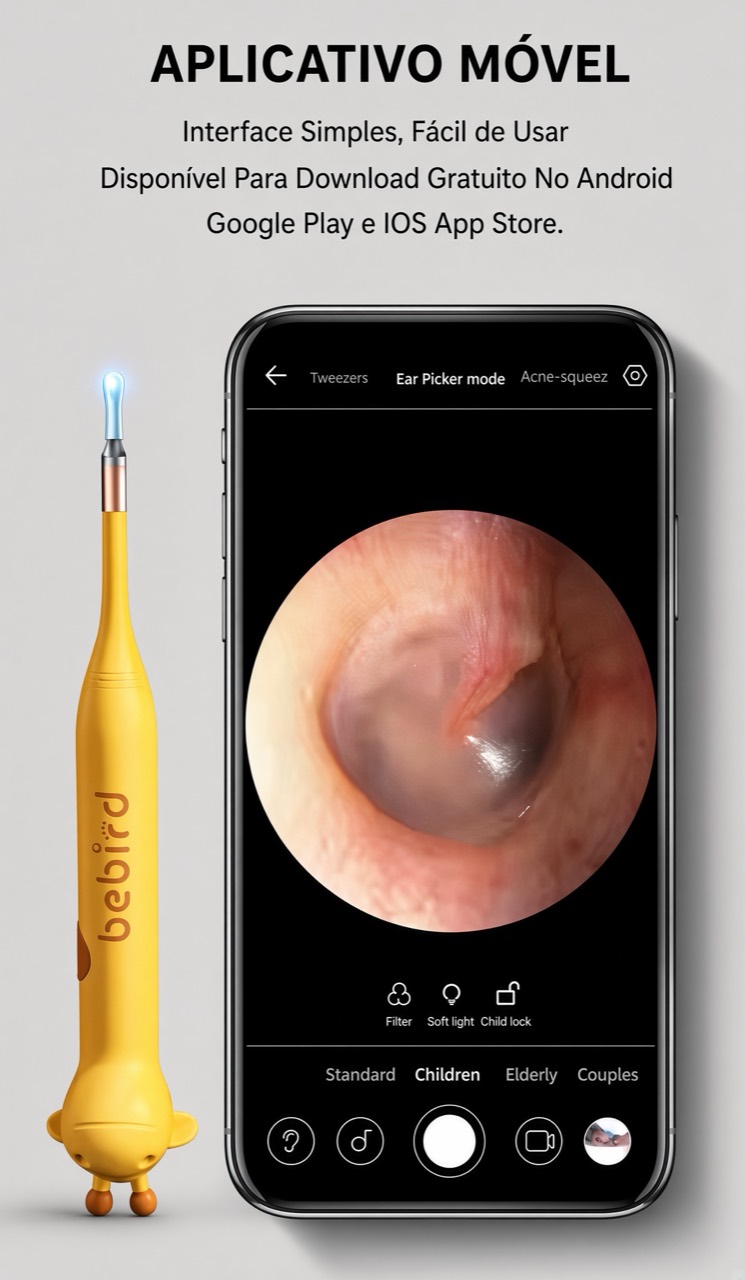 Aplicador amarelo ao lado de celular com o aplicativo de visualização