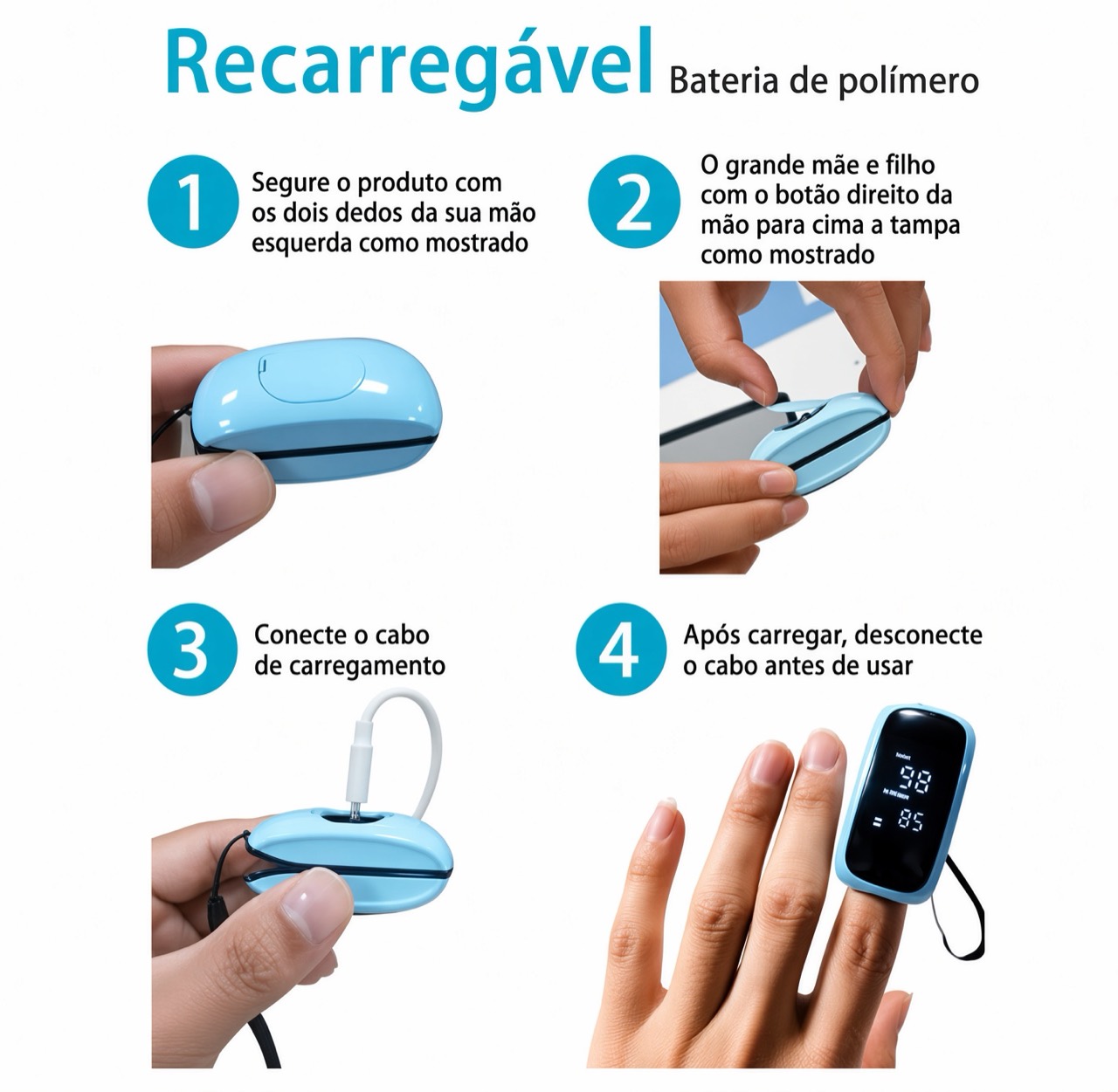 Sequência ilustrada de recarga do oxímetro adulto por cabo