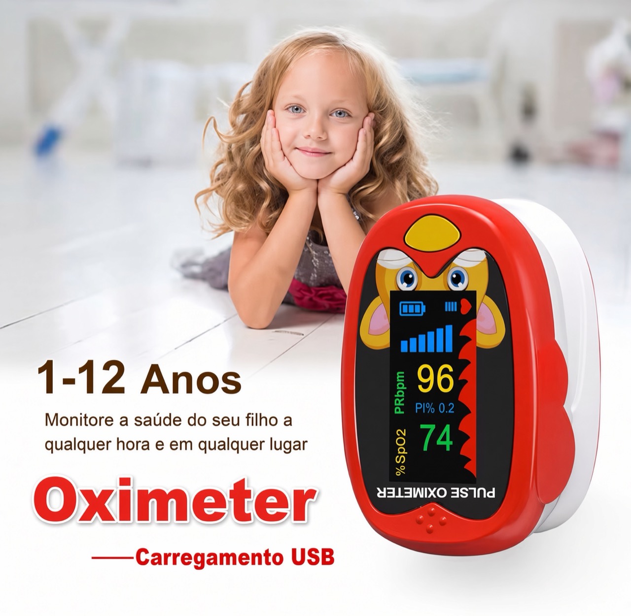 Oxímetro pediátrico vermelho com indicação visual de uso infantil de 1 a 12 anos e carregamento USB