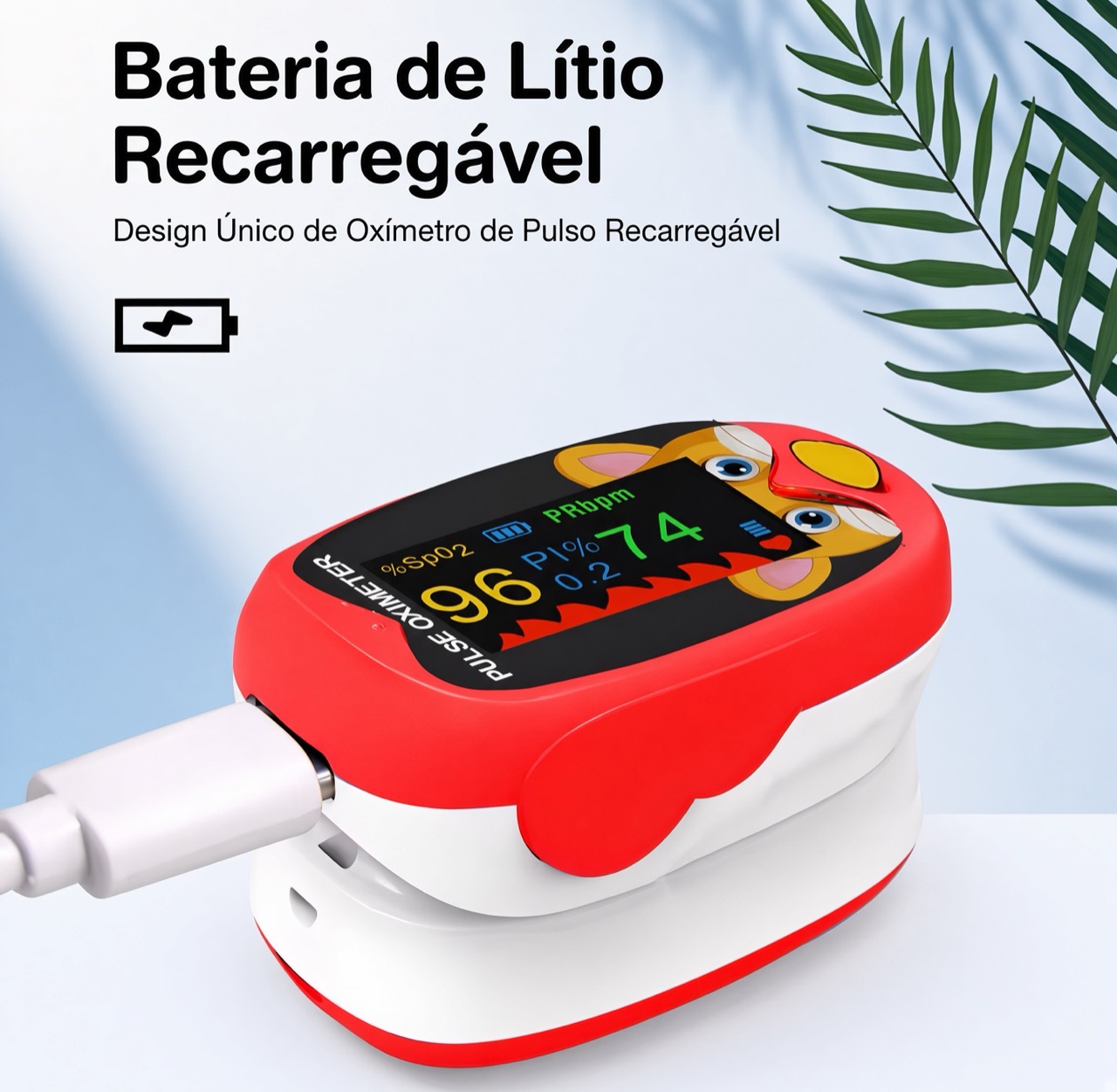 Oxímetro pediátrico vermelho conectado ao carregador com destaque para bateria de lítio recarregável