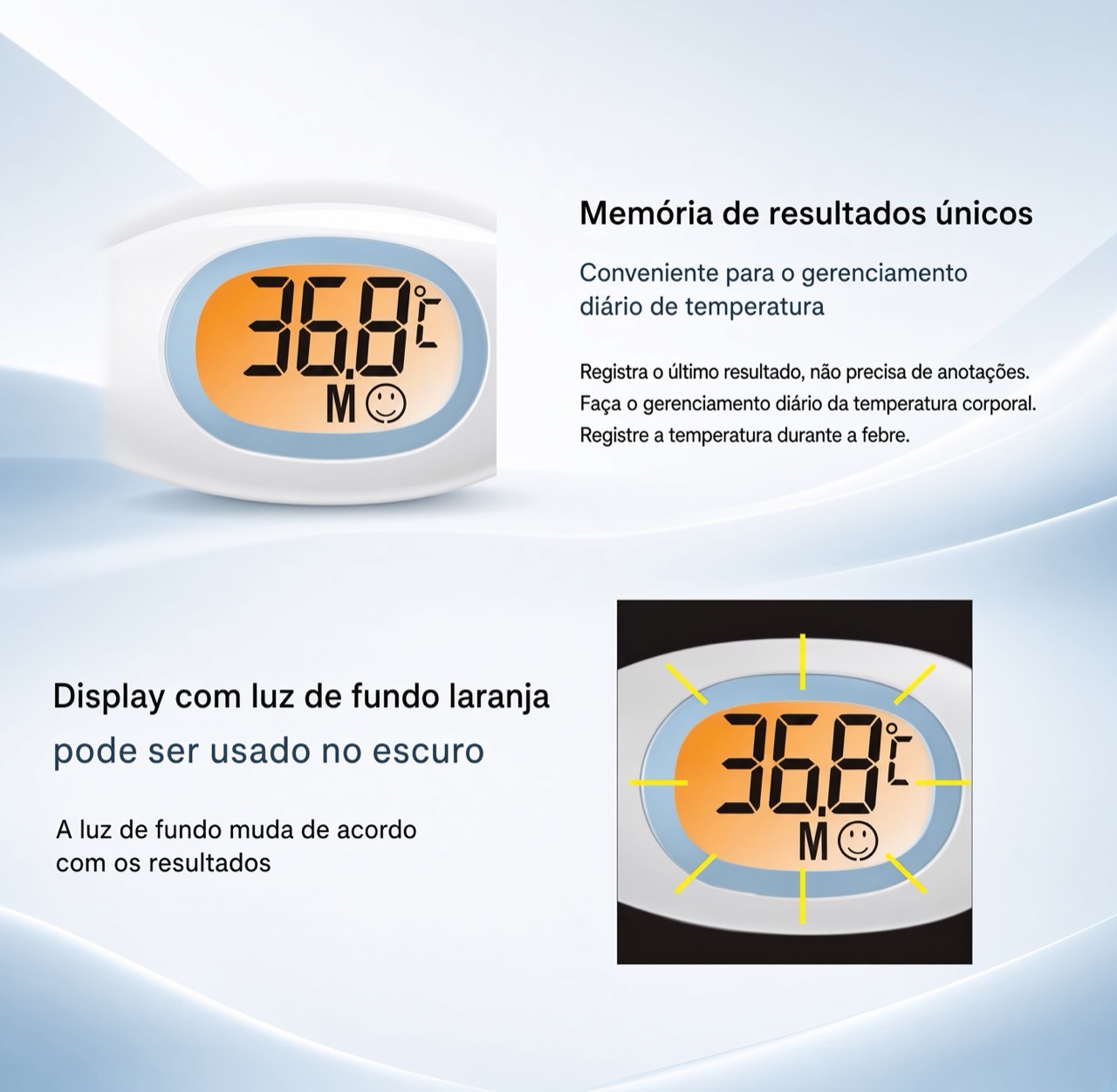 Tela do termômetro digital de contato com memória do último resultado e luz de fundo laranja