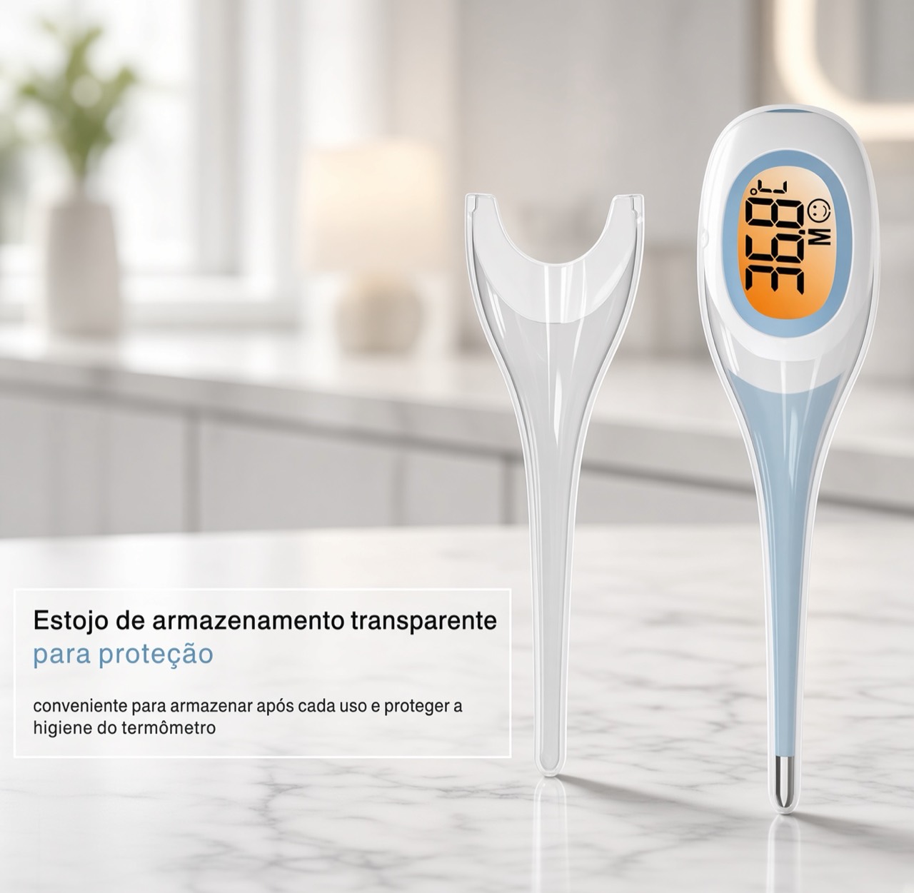 Termômetro digital de contato azul ao lado do estojo transparente de armazenamento