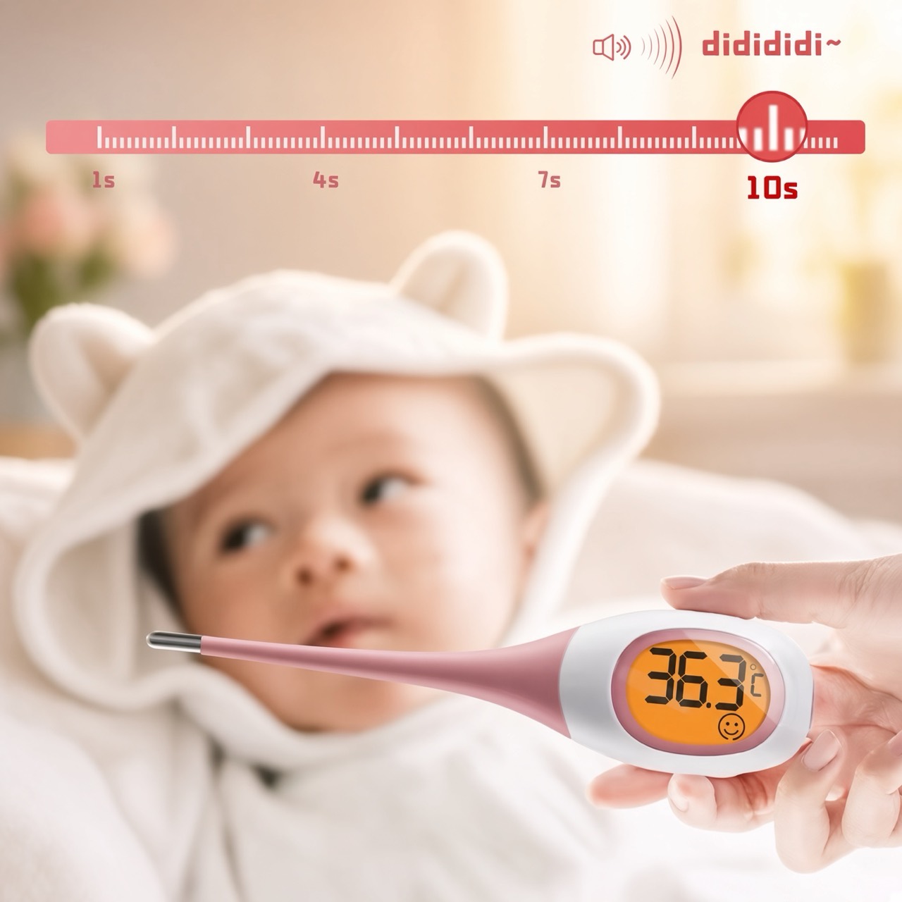 Termômetro digital de contato rosa durante medição infantil com indicação de alerta sonoro